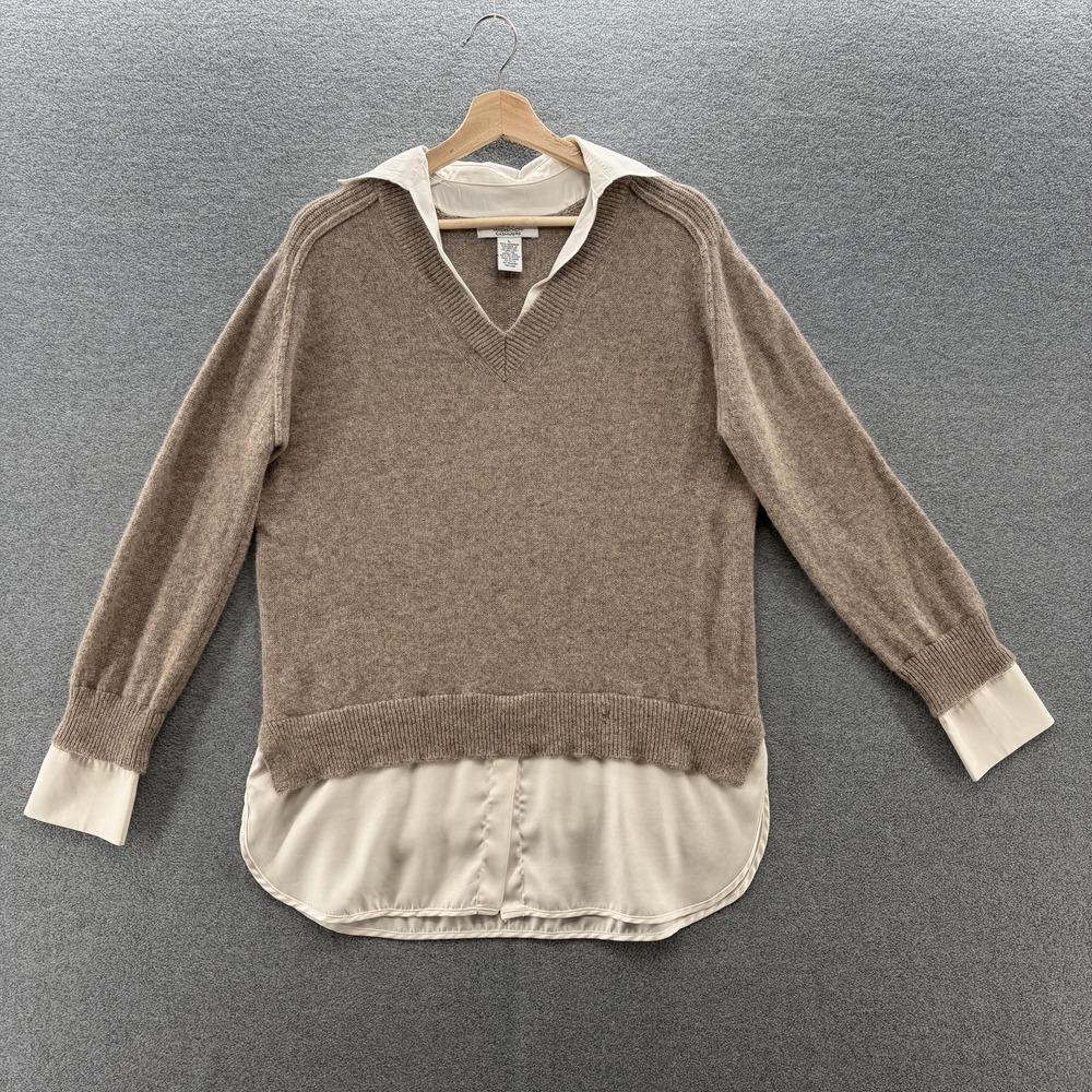 Magaschoni Cashmere Sweater Womens Large Brown V Neck Layered Shirt Hem Pullover